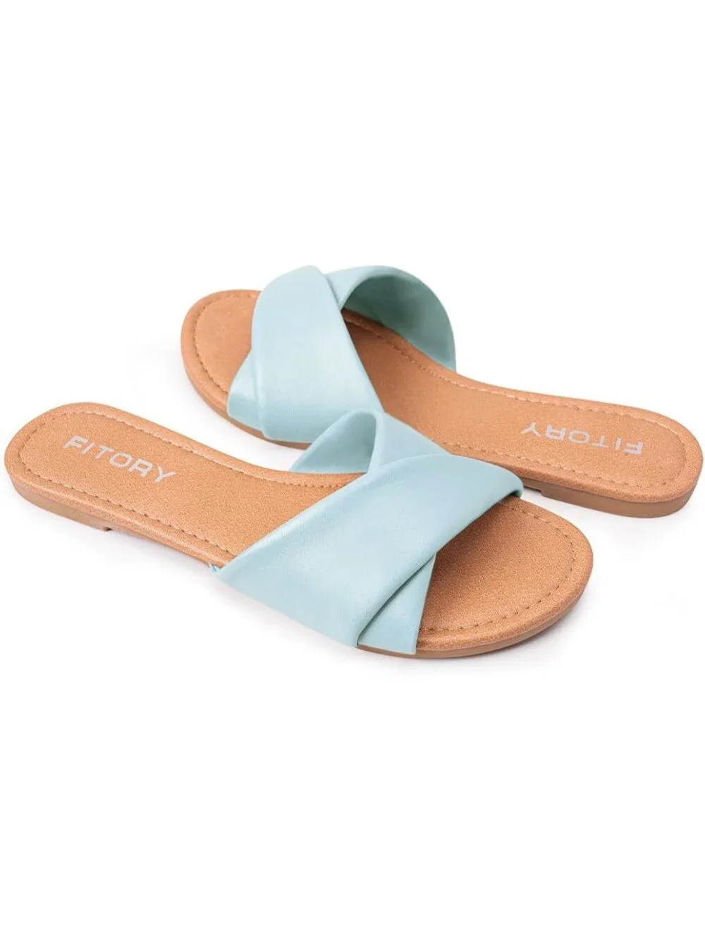 Women's Baby Blue Flat Sandals Fashion Slides With Leather Slippers for Summer